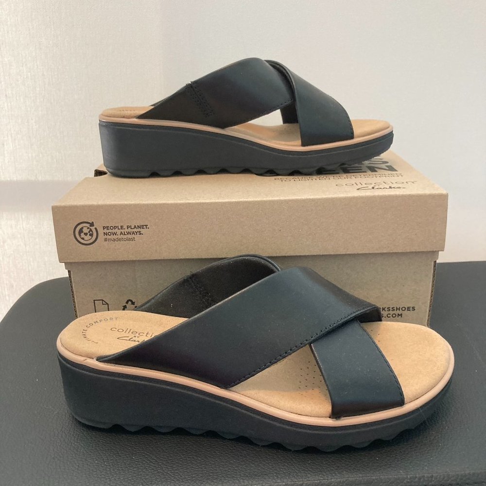 Clarks Jillian Gem Slide Sandal Black Leather Size 6M